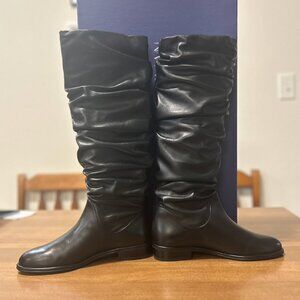 Stuart Weitzman Flat Scrunchy Black Leather Boot: Size 5